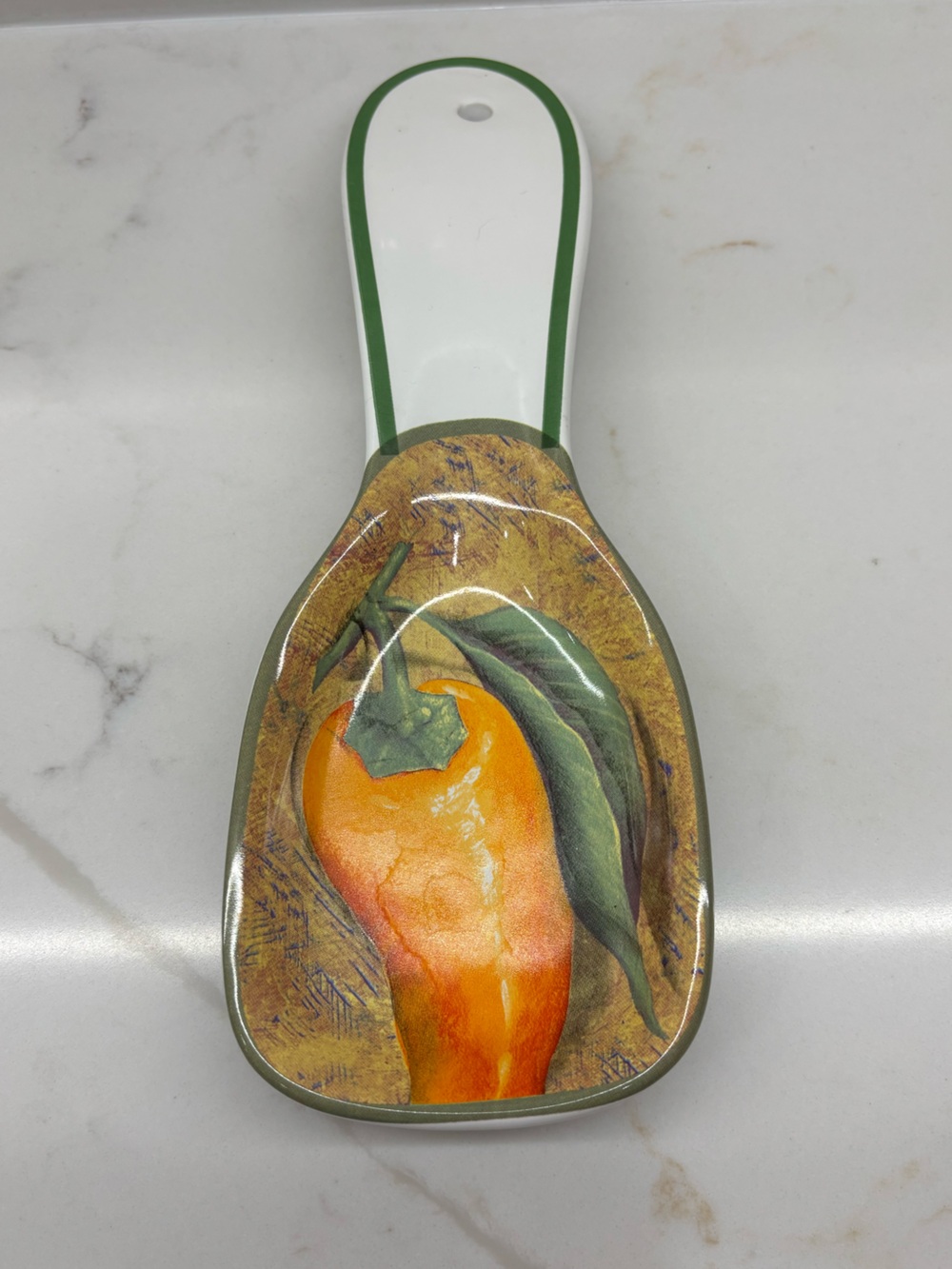 Ceramic Spoon Rest with Orange Pepper Rustic Design - Green and White